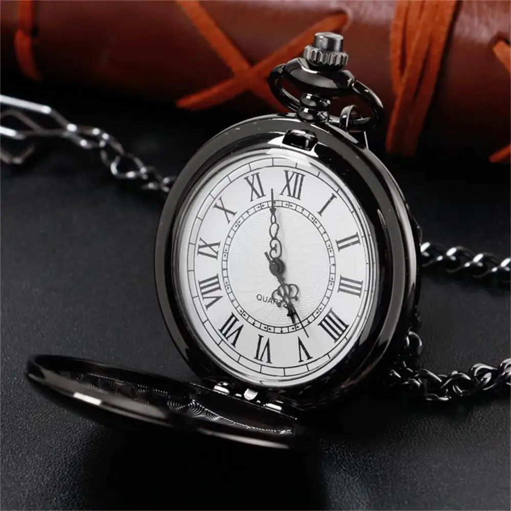 New Black Smooth Quartz Pocket Watch Fob Chain Men Women Fashion Steampunk Roman Numerals Gift