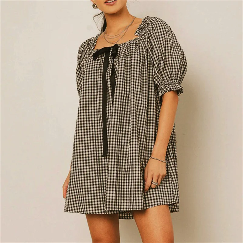 Vrouwen Y2K Plaid Cami Jurk Half Bladerdeeg Mouw Vierkante Hals Geruite Strikje Loose Fit Babydoll Uitgaan Mini Jurk