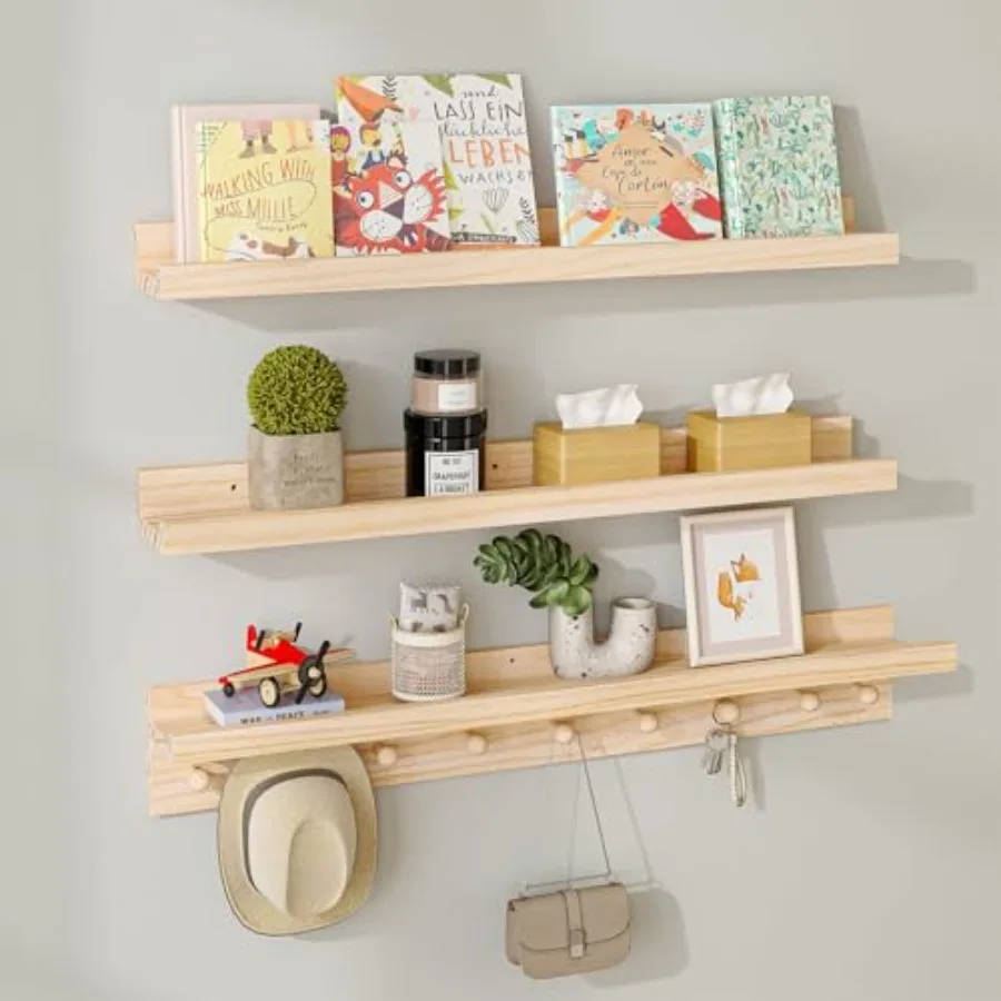 

Wood Shelf with Hooks Floating Shelves for Wall Bathroom Shelves Wall Mounted Nursery Bookshelf for Room Toy Storage Shelf for
