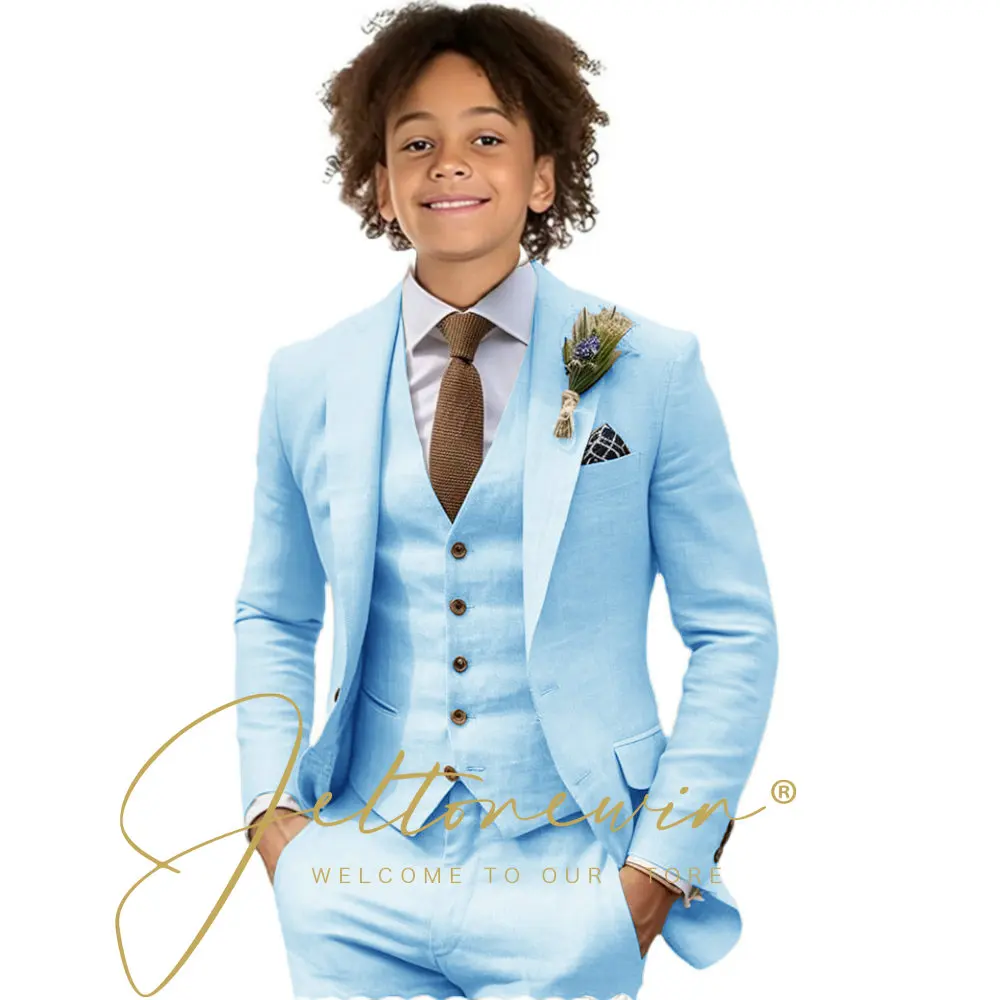 Casual Beige Linen Suits for Boy 3 Pieces Blazer Vest Pants Set Peaked Lapel Kids Suit Wedding Summer Beach Prom Party Tuxedo