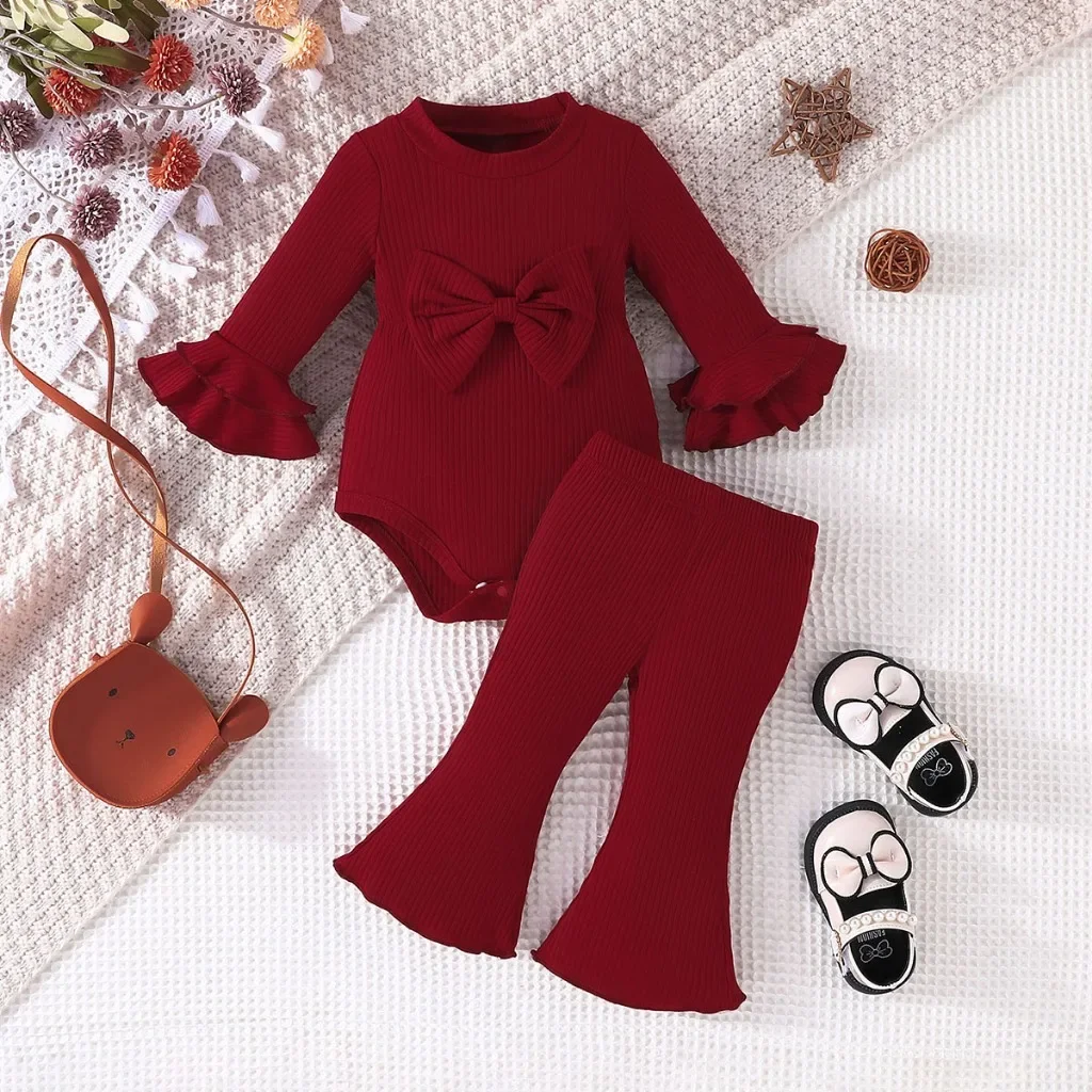 Baby Set 0-18 Months Long Sleeve Bow Ruffled Romper and boot cut Pant Christening Outfit Toddler Infant Fashion Suit For Kids