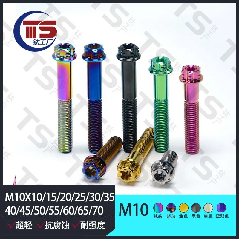 TS 10pcs  Titanium Ti Bolt 10PCS M10x10 15 20 25 30 35 40 45 50 55 60 65 70 mm Flange Torx Head Screw for Motorcycle Refitted