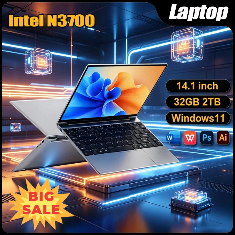 

2026 14.1"Laptop 16GB RAM 2TB SSD Windows 11 Intel N3700 Ultra Slim Notebook Gamer 1920*1080 Display Office Study Computer PC