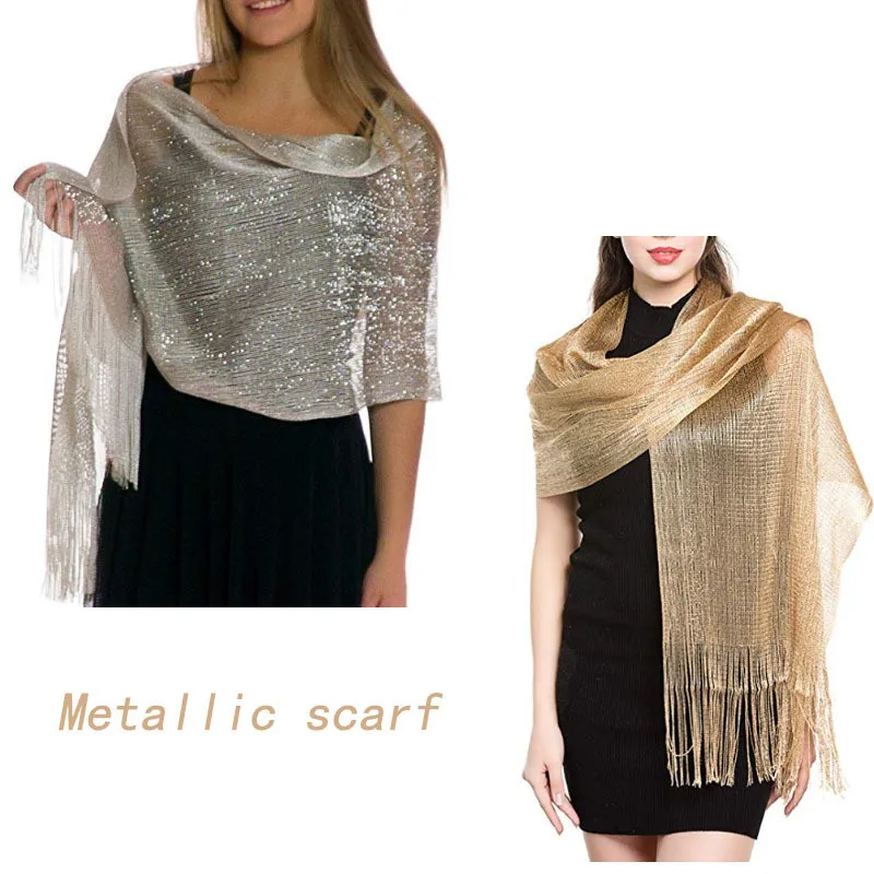 Sparkling Metallic Scarf Women Evening Dress Shawl Tassel Gold Silver Shiny Party Shawls Bridal Bridesmaid Wedding Boleros Wraps