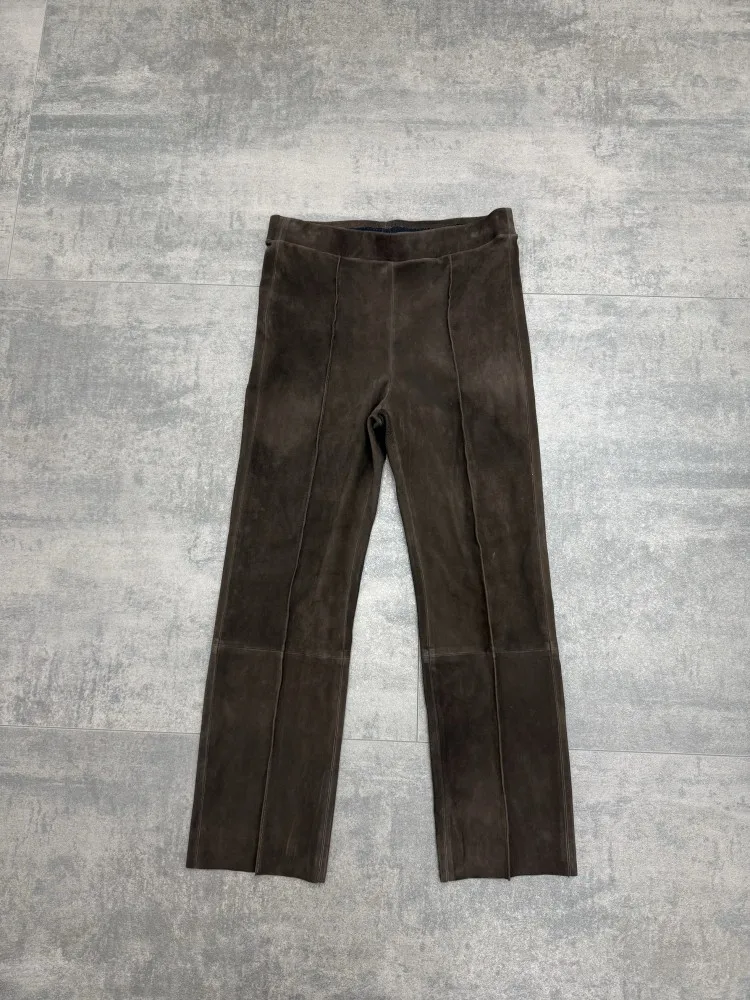 Women High Quality Sheepskin Suede Ankle Length Pant Elastic Waist Slim Fit Straight Leg Pants Ladies Genuine Leather Trousers