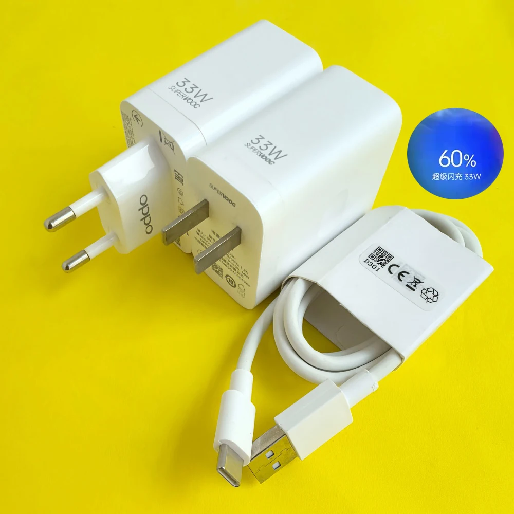 

OPPO 33W SuperVOOC EU/US Charger Fast Charging Power Adapter Type C Cable For OPPO Reno 8 7 6 Pro Find N A2 A97 A77 A58 A96 K9X