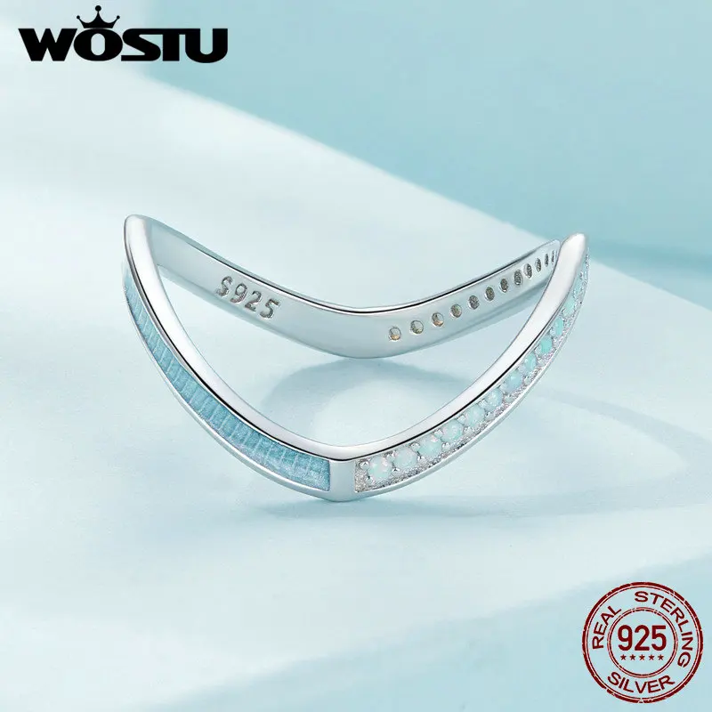 WOSTU Pink Blue Double V Shape Stackable Ring For Women 925 Sterling Silver Simple Opal Drip Oil Rings Smooth Slim Knuckle Rings