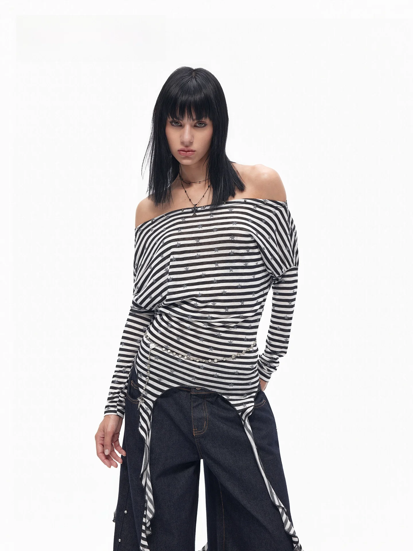 Street Style Color Block Stripe Star One Shoulder Long Sleeve T-Shirt Asymmetrical Belted Top for Women Casual Standard Fit