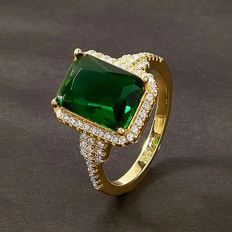 2024 Big Geometric Green Cubic Zirconia Rings Women Gorgeous Wedding Anniversary Party Female  Gold Color Fashion Jewelry