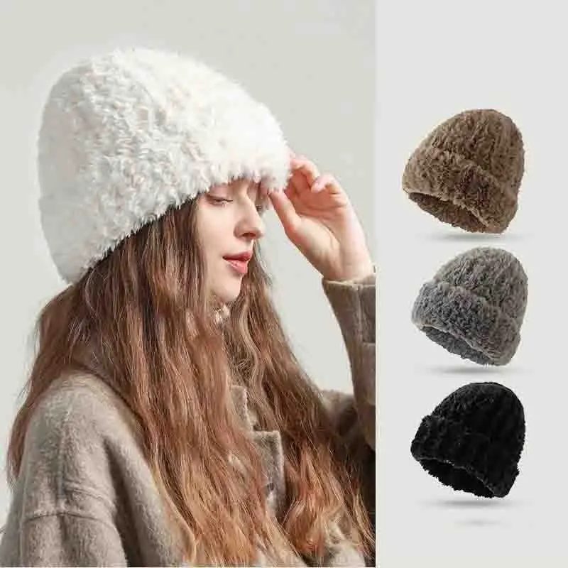 Autumn And Winter Warm Plush Hat Ear Protection Imitation Fur Knitted Wool Hat Thermal Cap Versatile Girl Soft Beanie Design Hat