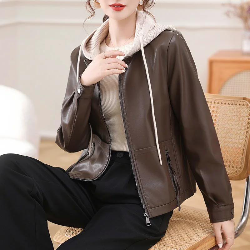 Haining Leather Jacket 2026 New Popular Fashion Spring And Autumn Leather Jacket Short Loose Outfic Detachable Hooded Jacket
