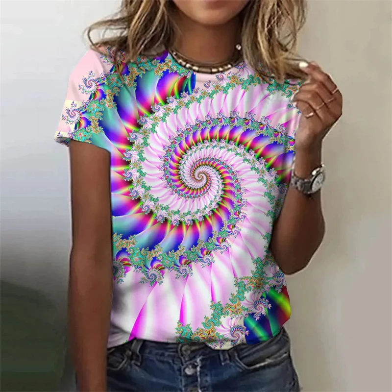 2024 New Colorful Visual Vortex Harajuku T-Shirt Summer Oversized Streetwear Tshirts Womens Clothes Short-sleeved Unisex Tops