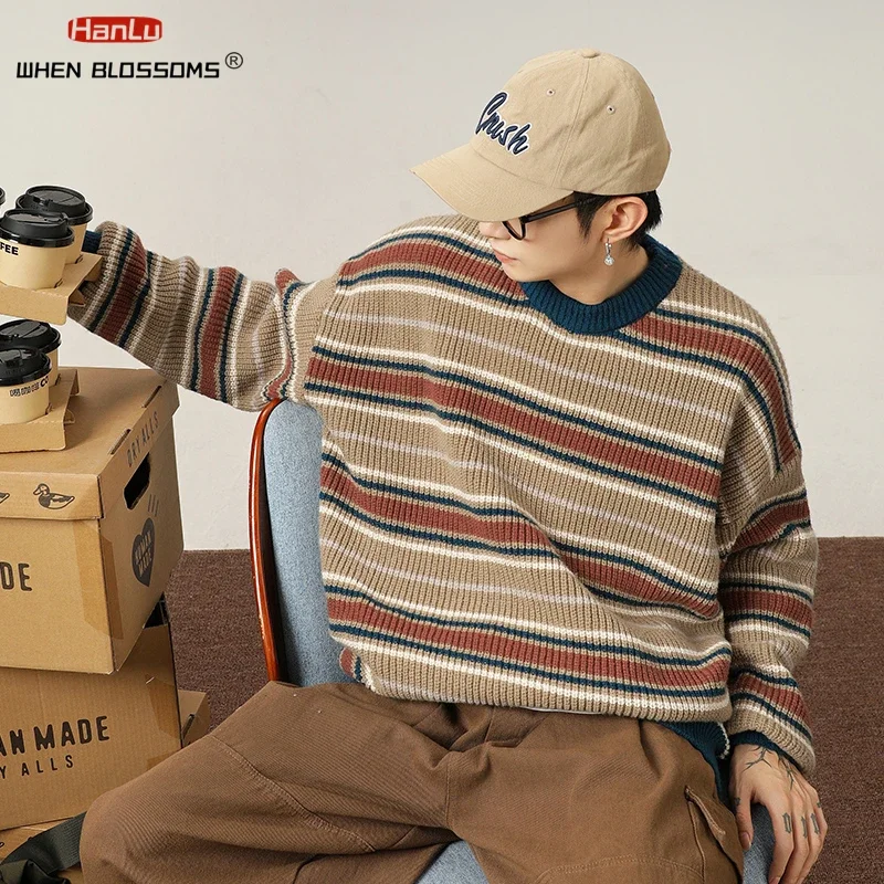 Mantel rajut pasangan, Pullover Pria Wanita, mantel rajut Mode Korea, Vintage bergaris, Sweater rajut musim gugur, musim dingin longgar, atasan lembut hangat, pakaian jalanan