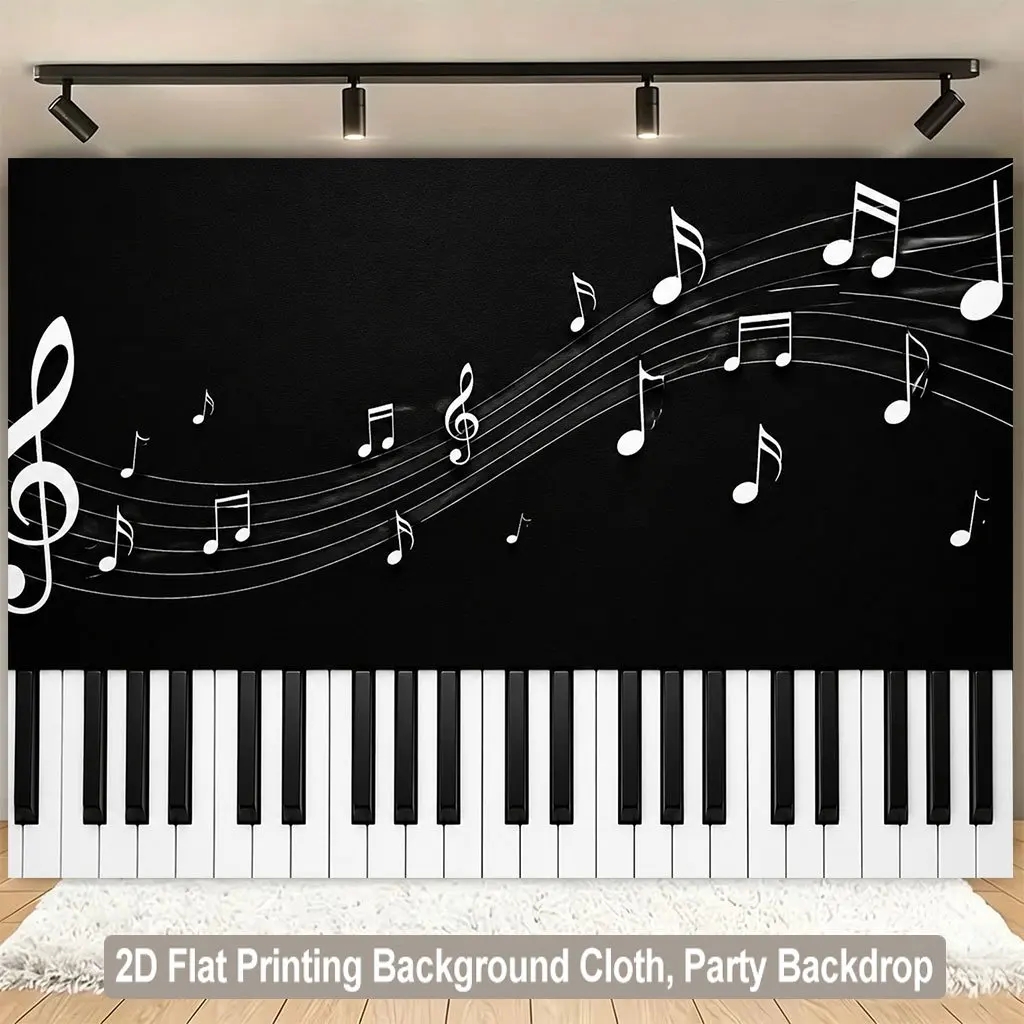 Piano Keys Tapestry 2D Flat Music Notes Wall Hanging Black White Art Decor for Studio Classroom Party Backdrop