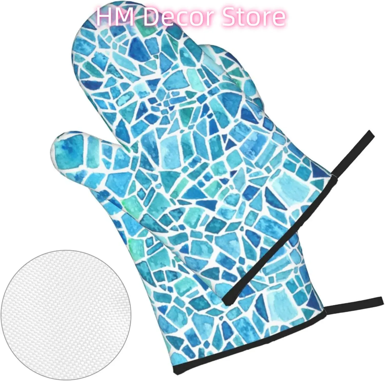 Teal Mosaic Oven Mitts and Pot Holders Sets of 4, Country Style Cooking Gloves Non-Slip Heat Resistant Polyester Oven Mitts for