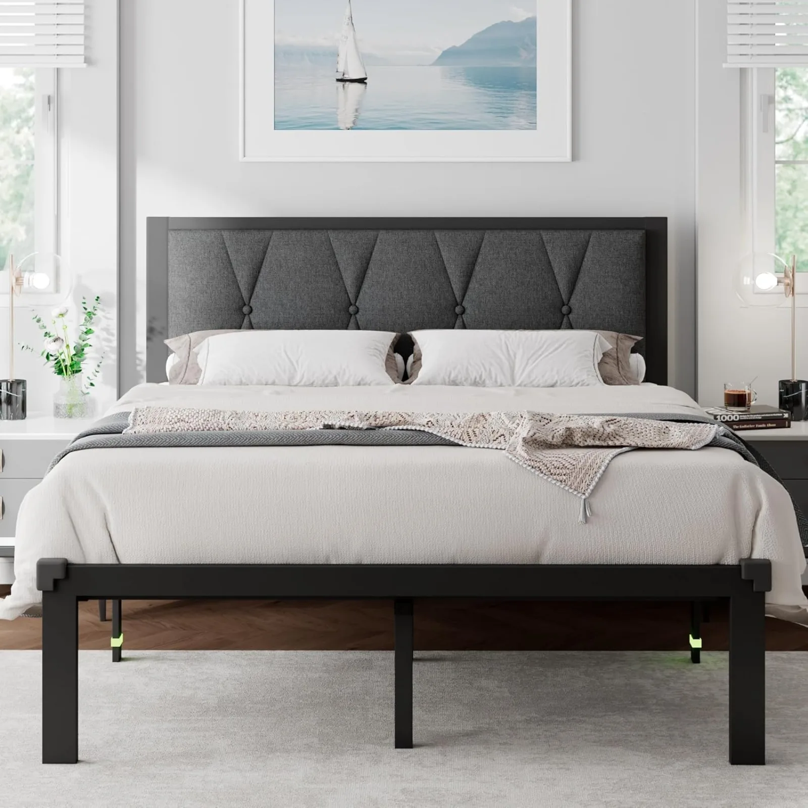 

US Queen Size Metal Bed Frame with Fabric Button Tufted Headboard, Platform Bed Frame with Heavy Duty Metal Slats, 12" Storage