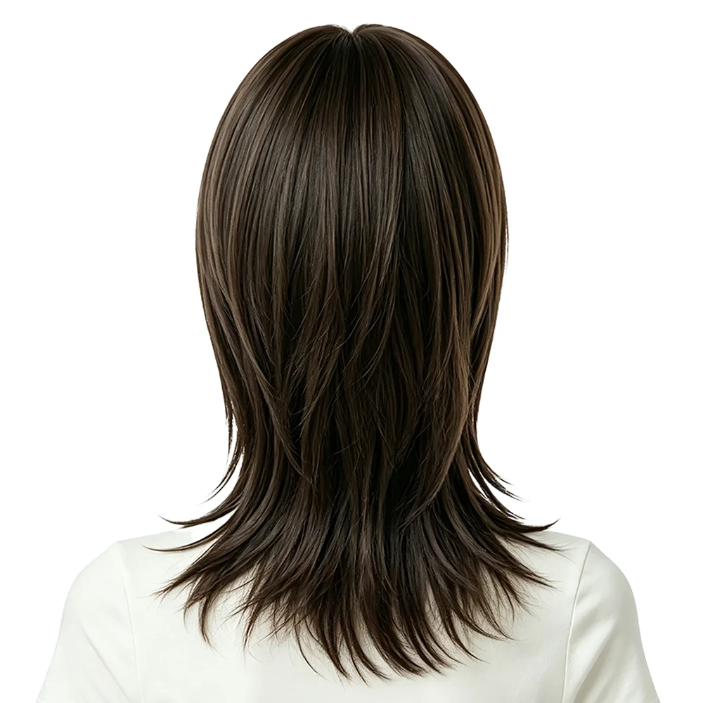 Natural Cool Brown Wolf Cut Wig Women Mid Length Air Bangs Pre Styled Fluffy Heat Resistant Wig For Daily Cosplay Halloween