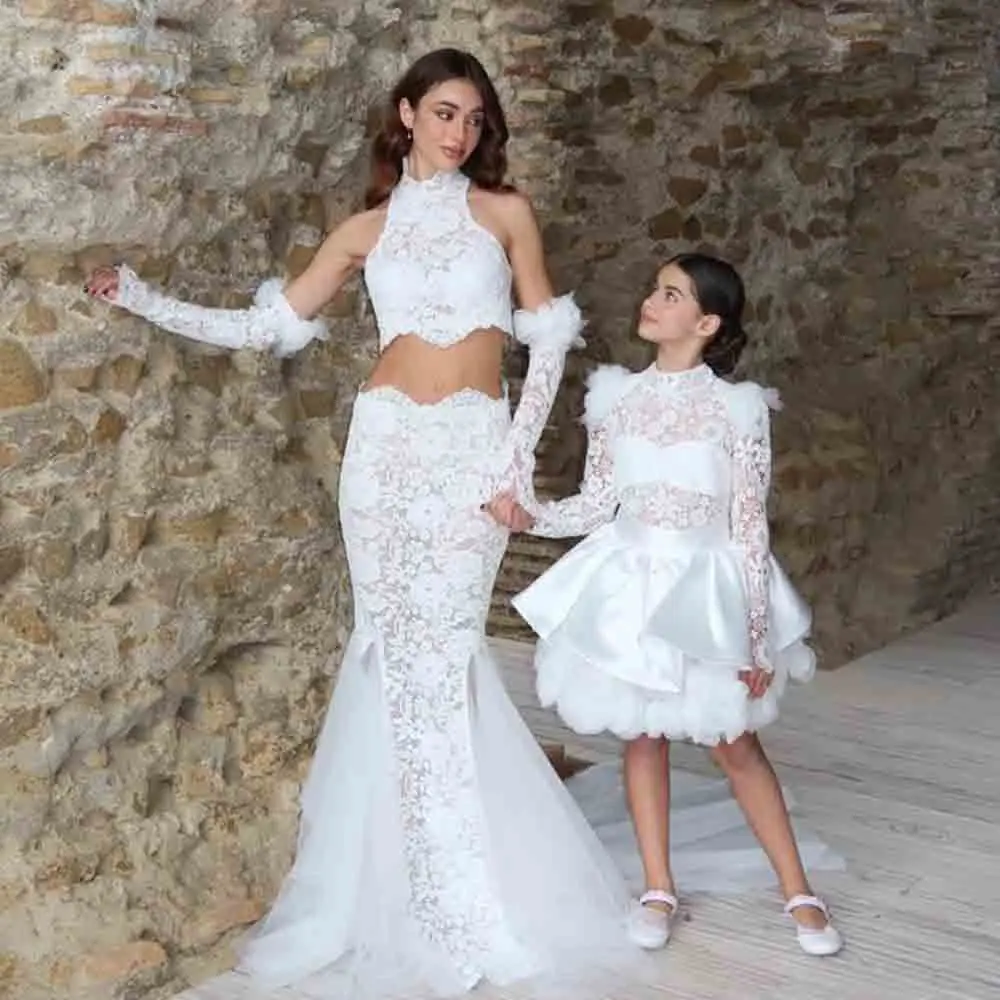 Customized Two Pieces Halter Wedding Dress Full Lace Mermaid Bridal Gown with Detachable Sleeve Fishtail vestidos de novia