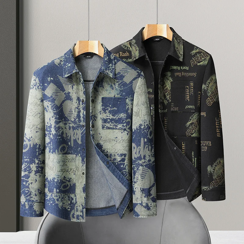 

8XL Cowboy Coat for Men Autumn Cargo with Print Denim Jackets Man Cowgirl Fashion Joker Trendy Washed Rock Korean Popular Coats