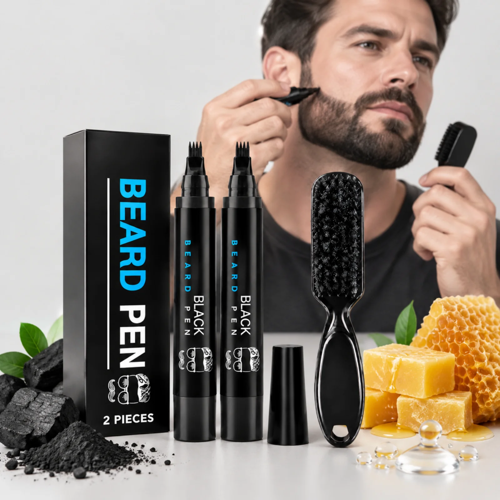 Beard Filler Pen Kit For Men 2pcs With Grooming Brush Fill Sparse Patchy Facial Hair Waterproof Male Black Beard Tinting Marker