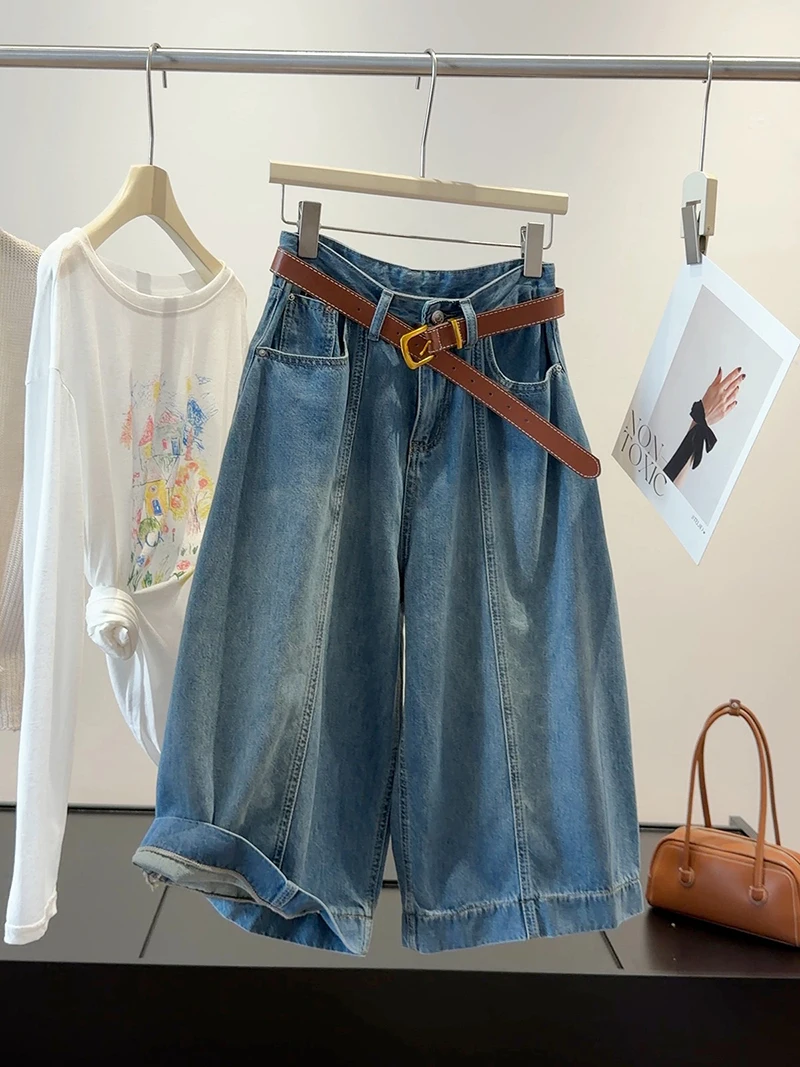American Style Retro Blue Jeans Women's Summer New High Waisted Loose Cropped Pants Solid Color Commuting Wide Leg Half Pants