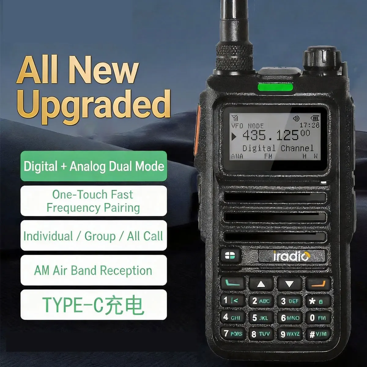 New Iradio UV-4R Digital Analog Dual Mode All Band AM Air Band FM Two Way Radio IP54 Waterproof Type C One Touch Pairing
