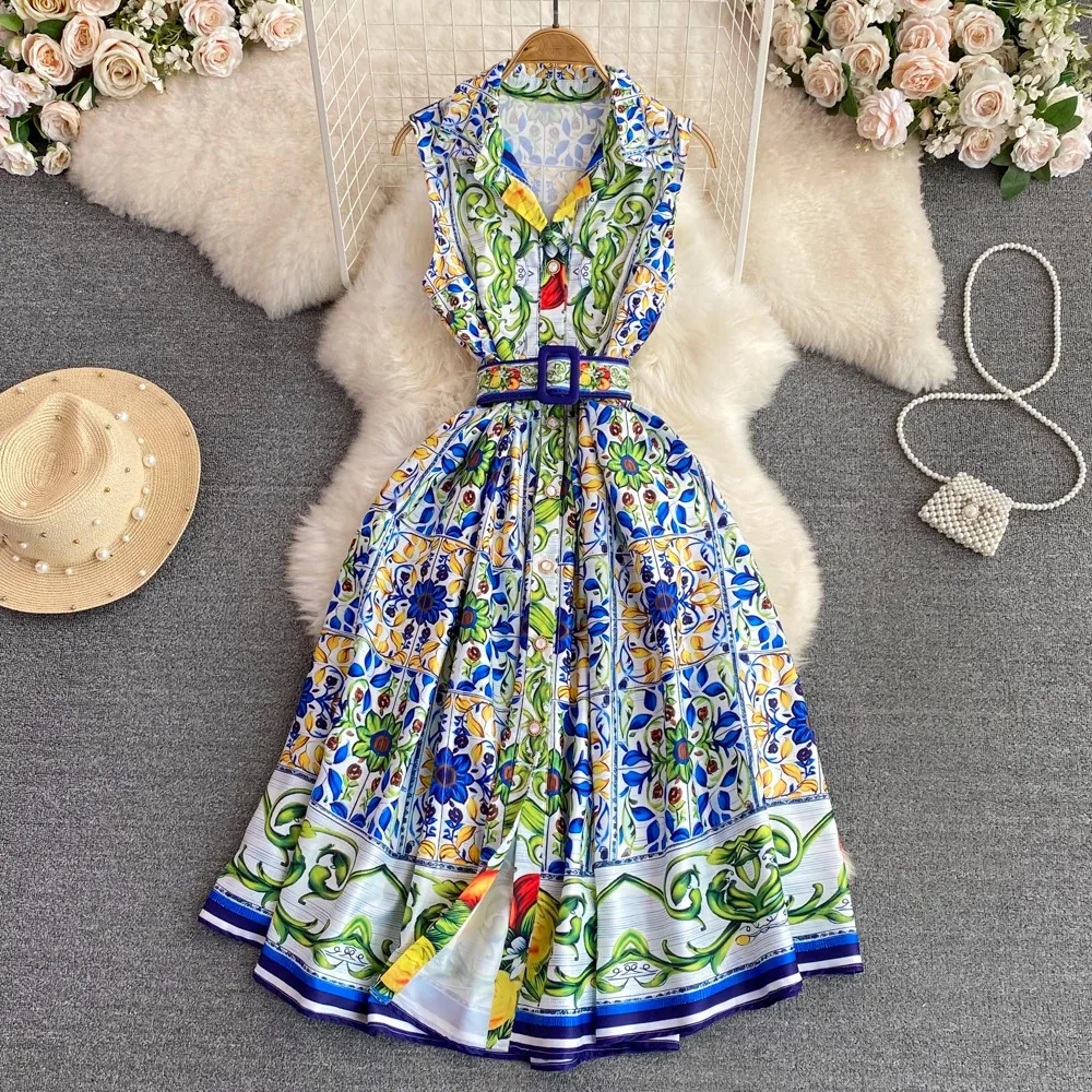 

Summer Runway Sleeveless Turn Down Collar Single-Breasted A-Line Shirt Dress Women Holiday Flower Print Belt Party Beach Vestido