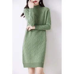 100% Wool Dress For Women 2023 Autunm/Winter Cashmere Thick Sweaters Hot Sale Long Style 5Colors Jumpers DR01