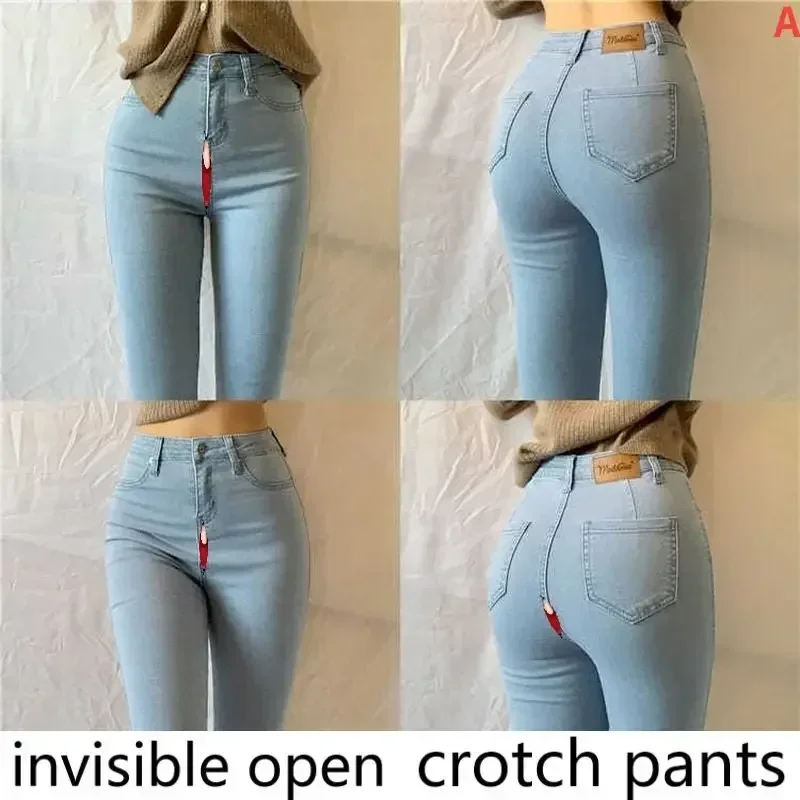 Open-Crotch Pants Invisible Zipper  Jeans Ladies Fashion Outdoor Sex Women Jeans  Pants  Blue Jeans For Women