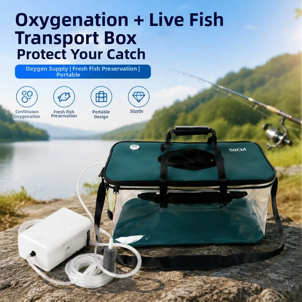 Foldable Transparent Fish Tank With Oxygen Pump Portable EVA Fishing Bucket Waterproof Live Bait Container For Outdoor Fishing