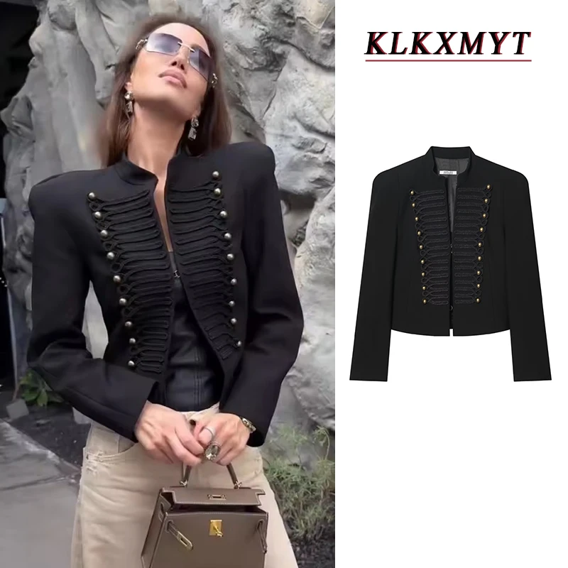 

Женское элегантное черное пальто-Наполеон с воротником-стойкой, утепленными плечами и длинными рукавами, весна 2026, шикарная верхняя одежда для деловых встреч