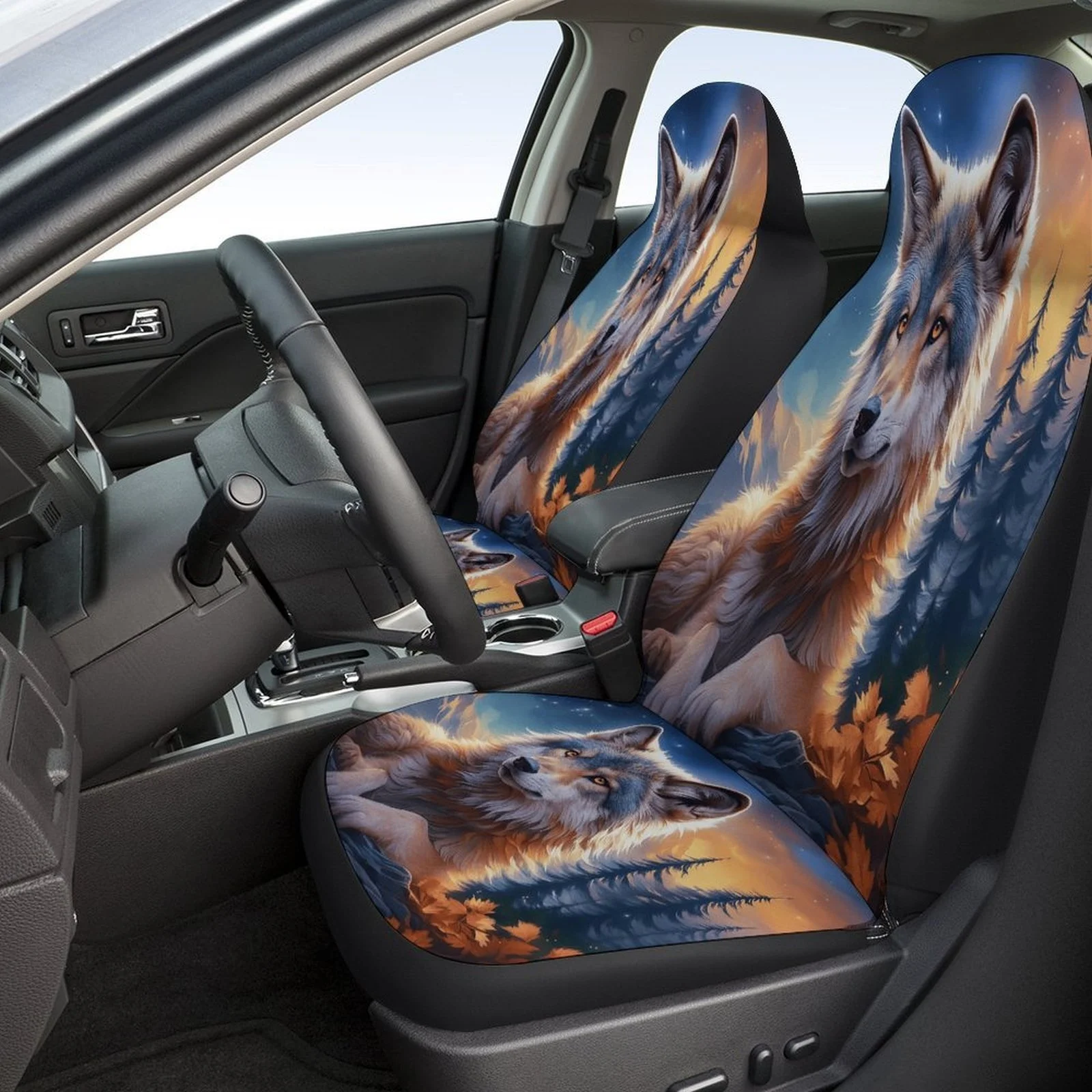 Wolf In Twilight Car Seat Covers Set - Full Coverage, Durable, Machine Washable, Fit For Most Cars, Trendy Novelty Decorative P