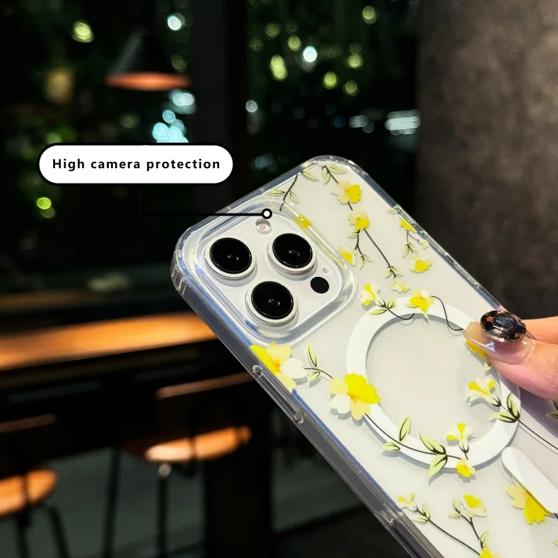 مناسبة لهاتف آيفون 16 برو ماكس حافظة هاتف مغناطيسية 13/14 15 برو ماكس تصميم زهور أزرق وأصفر غطاء منعش وزهور