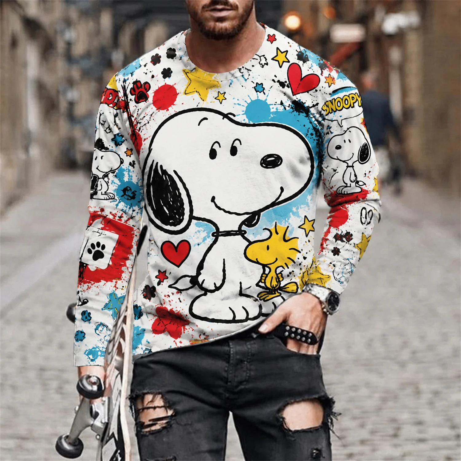Herren Snoopy Woodstock Langarm-T-Shirt Peanuts Cartoon Grafik-T-Shirt Y2K Streetwear Casual Top – Detail 3