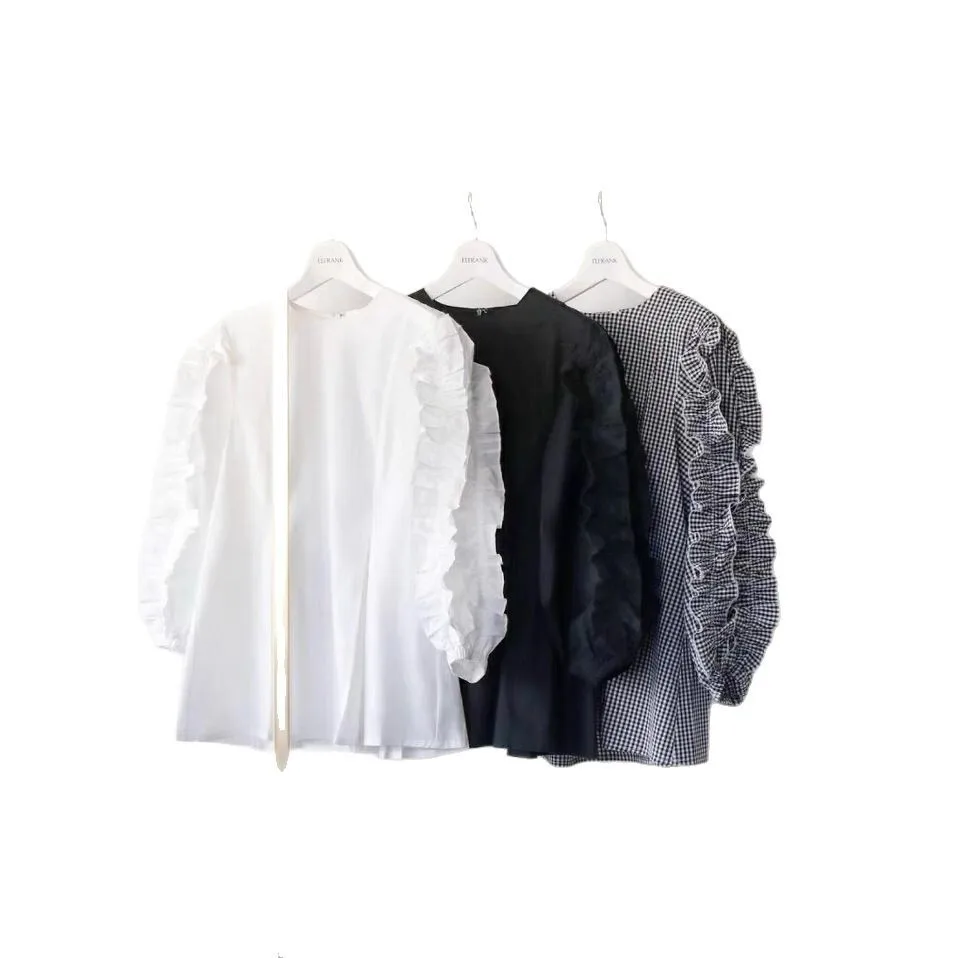 롯데 봄 여름 여성용 달콤한 루즈 라운드 넥 디자인 러플 긴팔 셔츠 탑