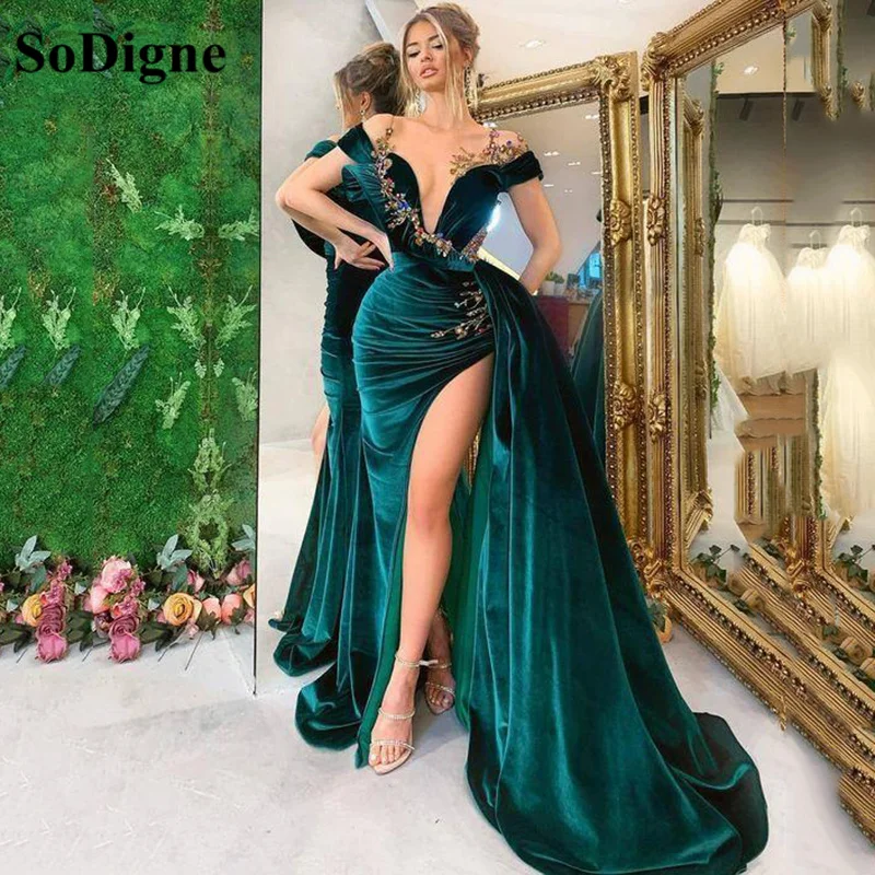 

SoDigne Green Long Prom Dresses Mermaid Velour Formal Evening Gowns with Train Arabic Appliques Split Women Party Dress 2022