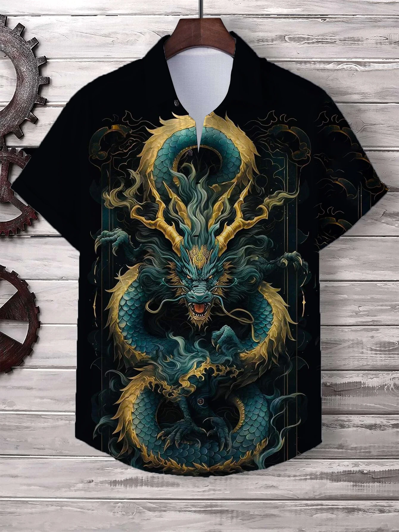 Chinese New Year\'s Shirt for Men Fashion Lapel Neck Short Sleeve Top Cool Dragon Printed Men\'s Shirt Street Hip Hop Clothing