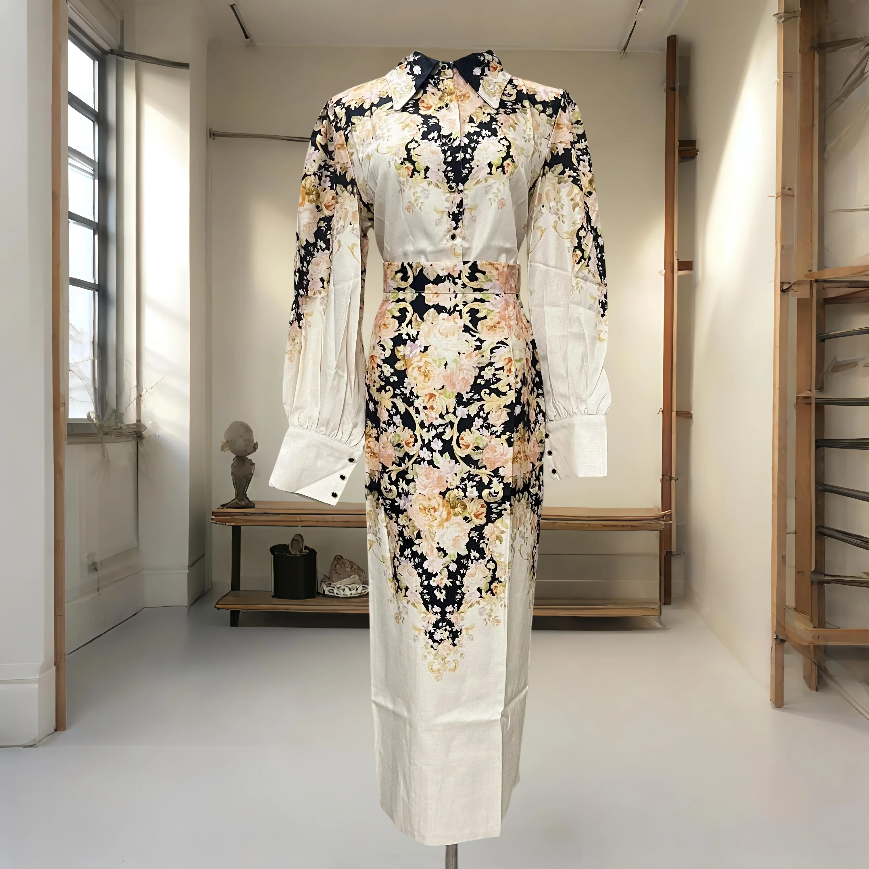 

，，New Arrival Ramie Milk Tea Color Floral Pattern Lantern Sleeve Shirt Long Pencil Skirt Two-piece Set for Women