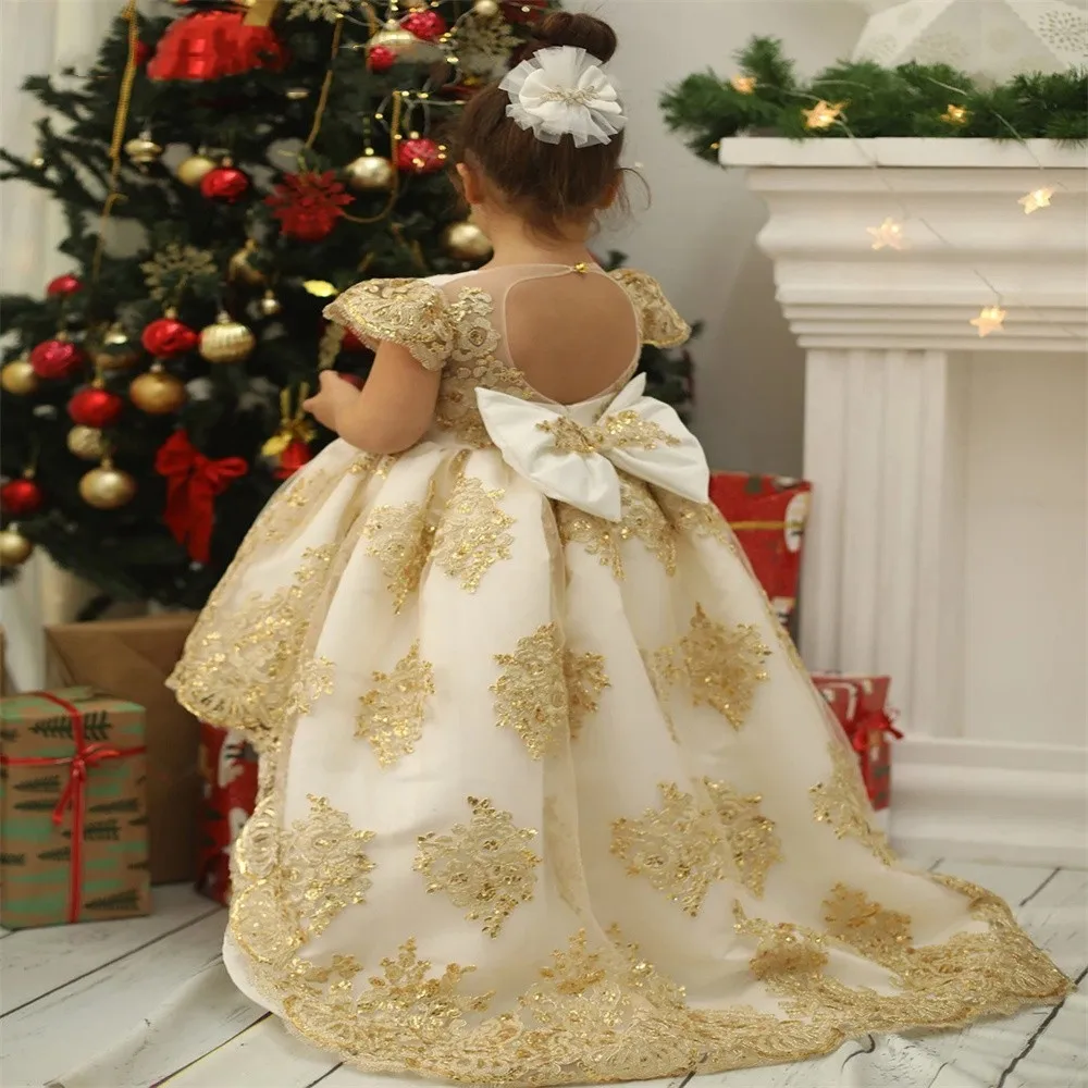 Luxury Flower Girl Dress Tulle Gold Sequins High-Low Length Baby Princess Party Gown Fairy Kids Dance First Communion Dress