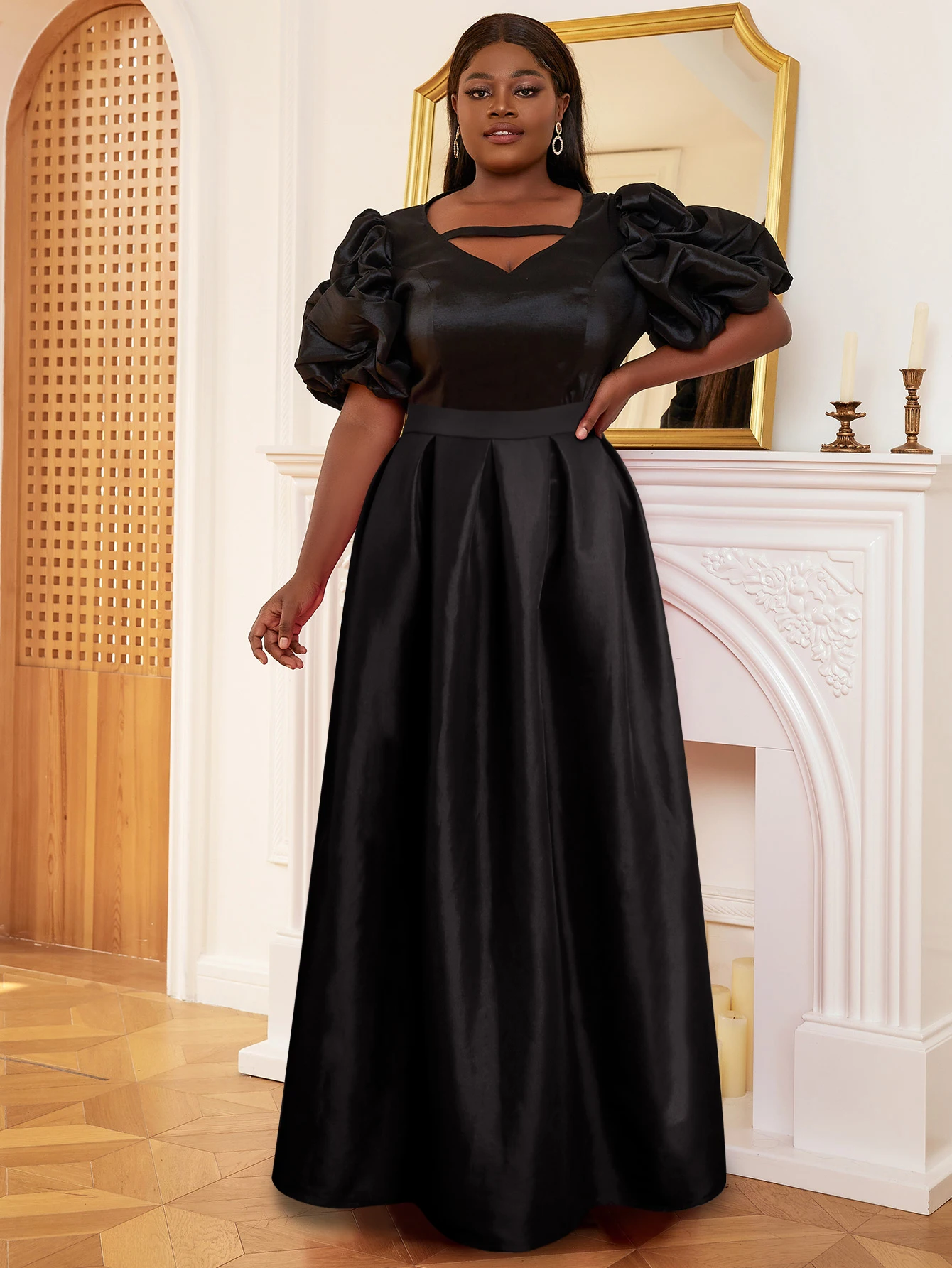 

Solid Black Two Piece Set Woman Elegant Puff Short Sleeve V Neck Top Zipper High Waist Pleated Long Ball Skirt Vintage 2 Pieces