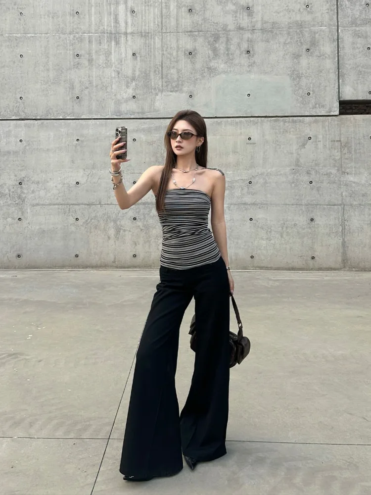 【FANGTING】Women's Low Waist V- Waist Bootcut Pants Draped Slim Fit High Waist Floor Length Trousers