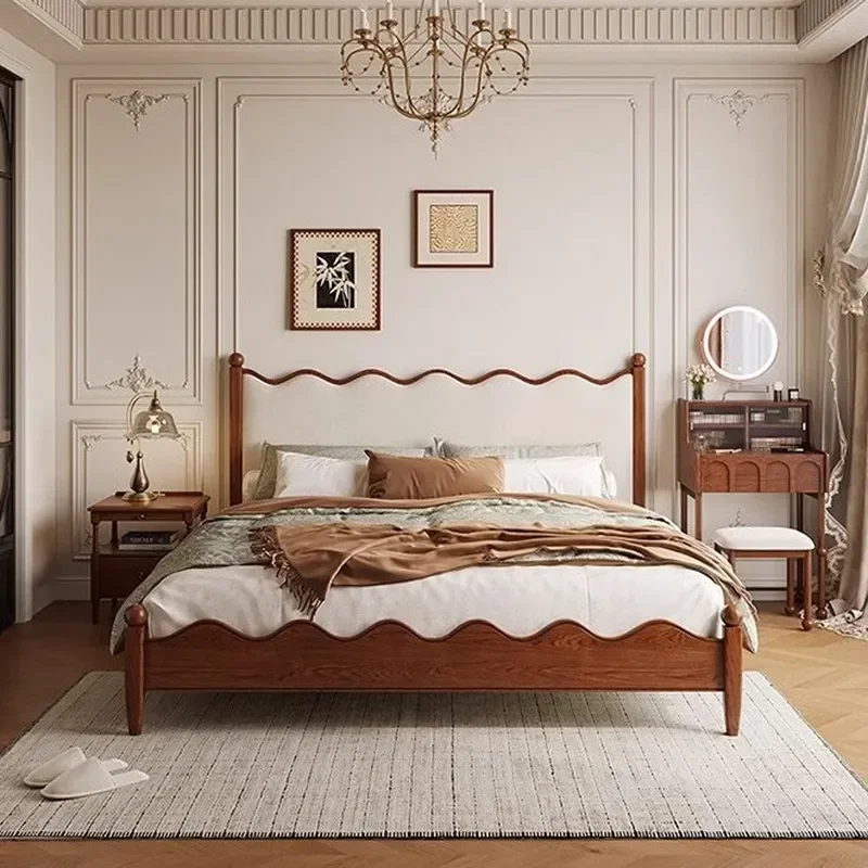 for Medieval Solid Wood Soft Bag Bed 1.8m Large Double Bed Master Bedroom French Retro Ash Wood Ripple Design