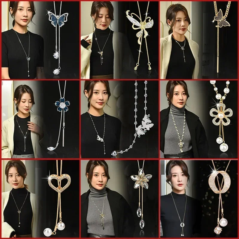 

2025Crystal flower autumn and winter sweater chain with tassel pearl necklace.