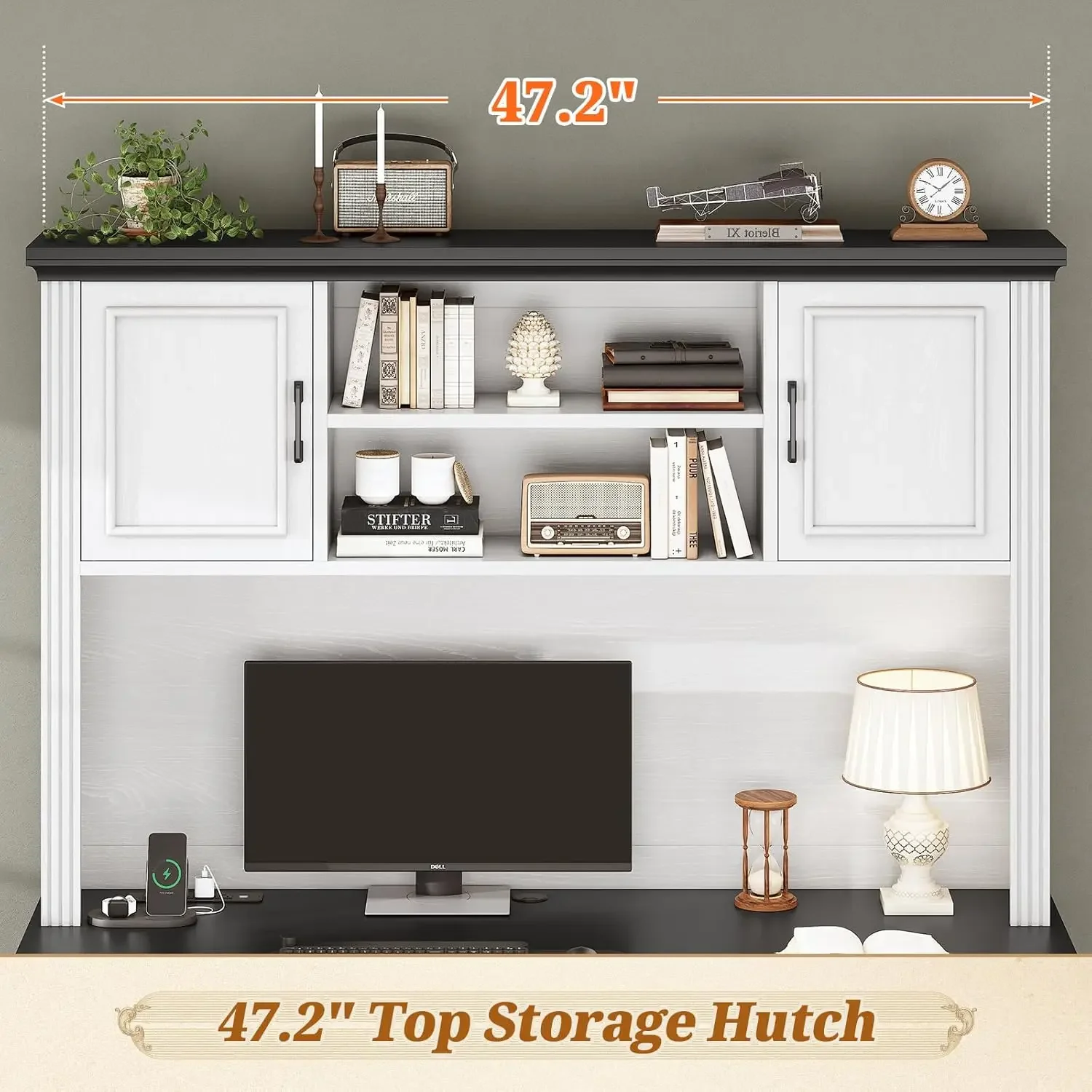 Farmhouse Computer Desk with Hutch and 3 Drawers, 47.2" Executive Office Desk with Storage DrawersWood Desk with Power Outlet fo