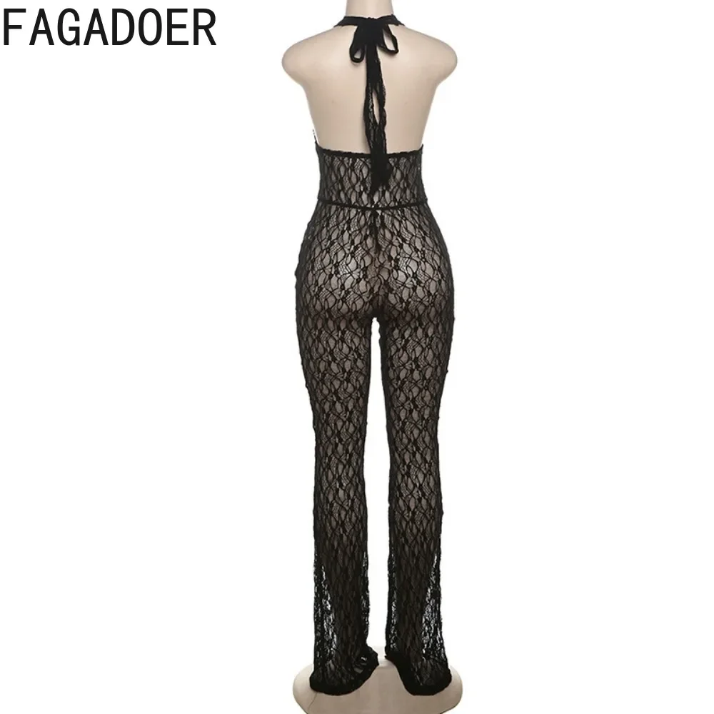 FAGADOER Sexy Deep V Lace Perspective Halter One Pieces Jumpsuits Women Sleeveless Backless Lace Up Playsuits Fashion Clubwear