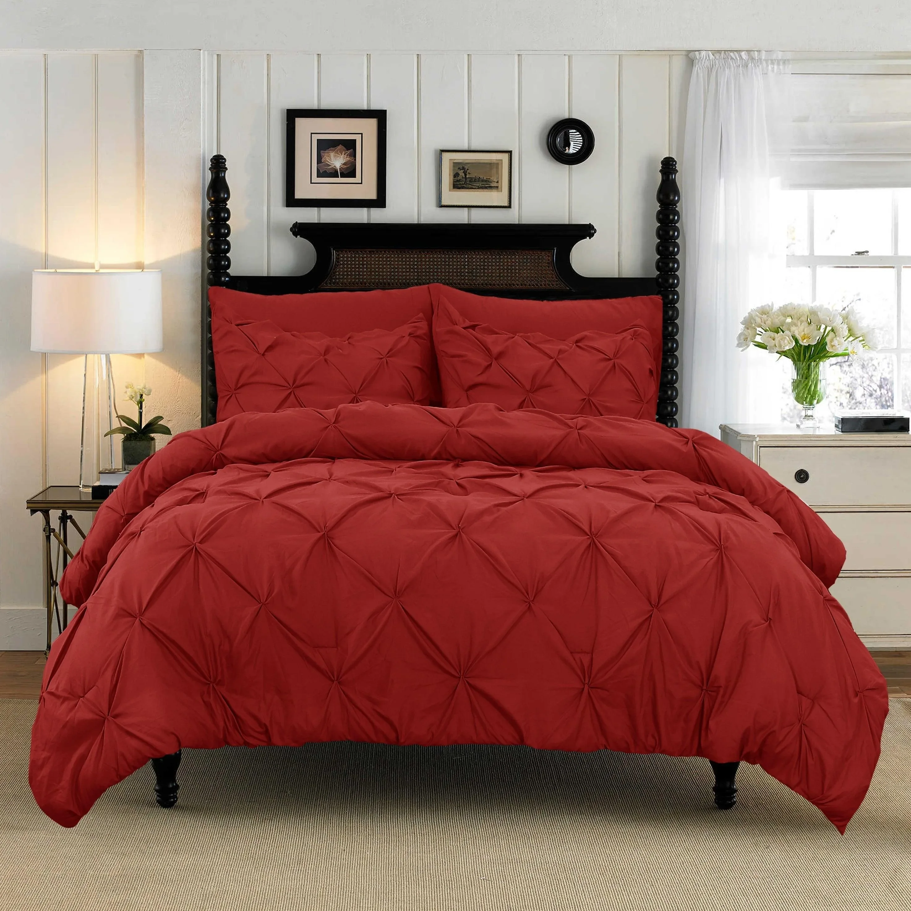 Cotton Bedding Set Elegant Comfort Pinch Pleated Pintuck Pattern 3-Piece Duvet Cover Set Features Corner Ties