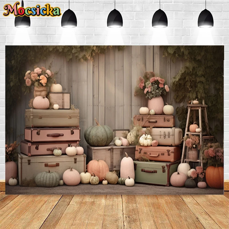 Mocsicka Autumn Photo Backdrop For Baby Shower Children Portrait Photography Banner Pumpkin Flower Trunk Decor Props