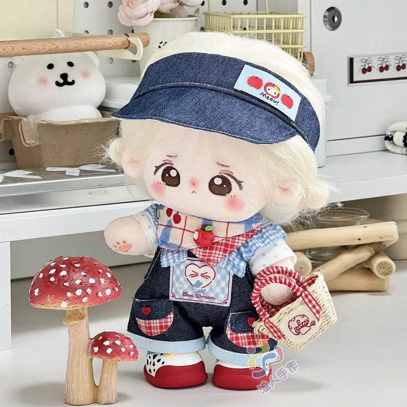 20CM Cotton Doll Clothes Blue Bubble Strap Series Set Cute Cherry Scarf And Checkered Pattern No Attribute Clothing