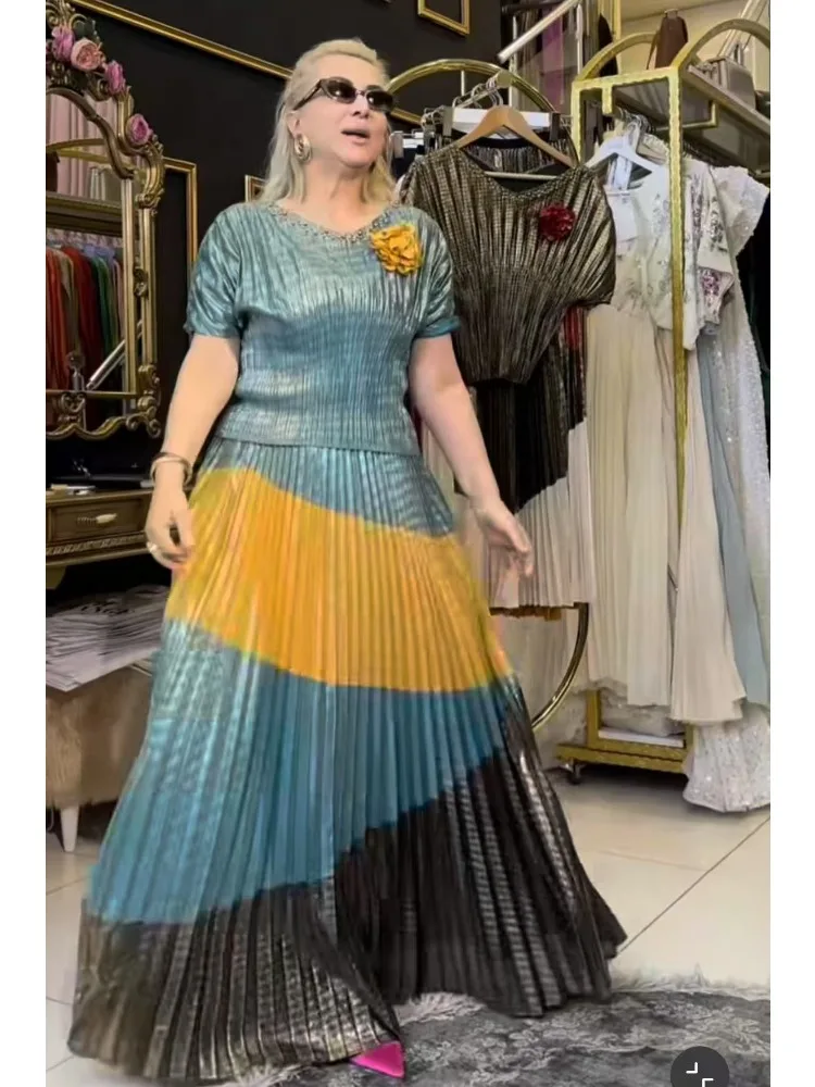 Miyake Pleated Skirt Set for Women's Age-reducing Round Neck Color Matching, Waist and Thin Spring and Summer Two-piece Set