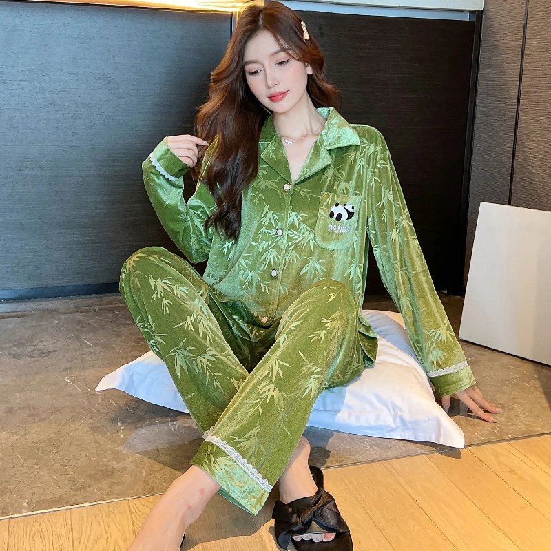 Cartoon Kawaii Panda & Bamboo Fleece Women\'s Pajamas Chinese Style Elegant Cute Print Sleepwear 2024 New Autumn/winter Home Set